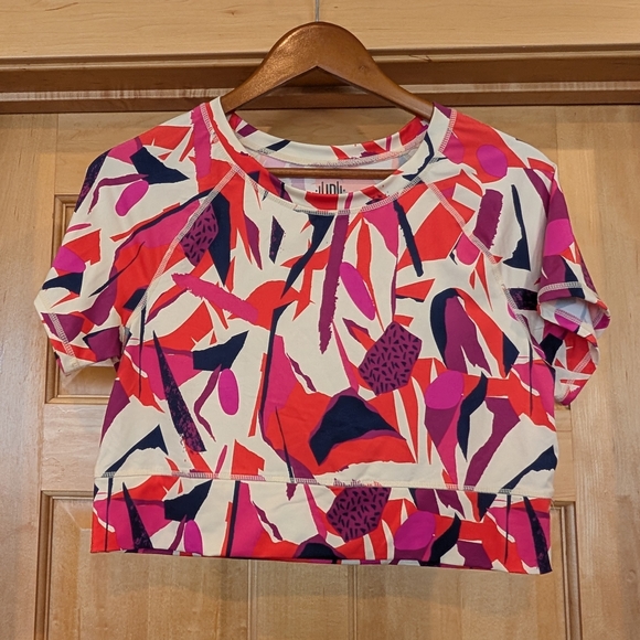 J.Dow Clothing Red and Purple Abstract Women's Athletic Crop Top - Picture 1 of 5
